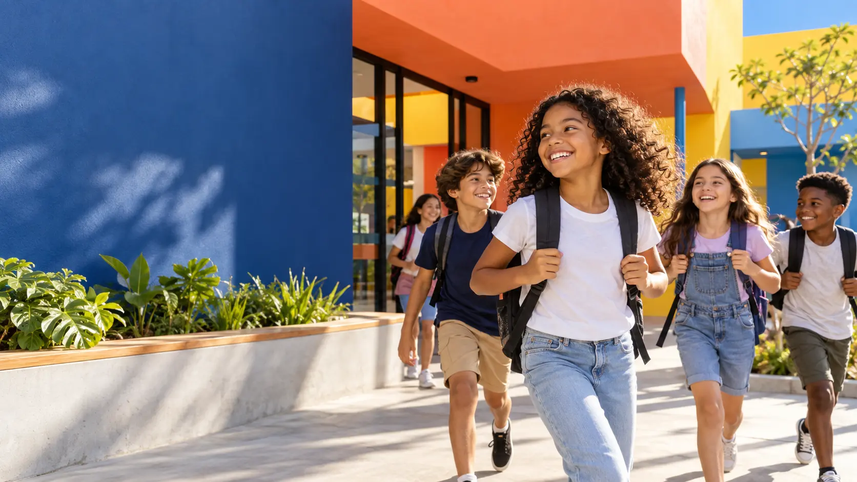 Estudantes chegando felizes ao Colégio Aurora do Saber