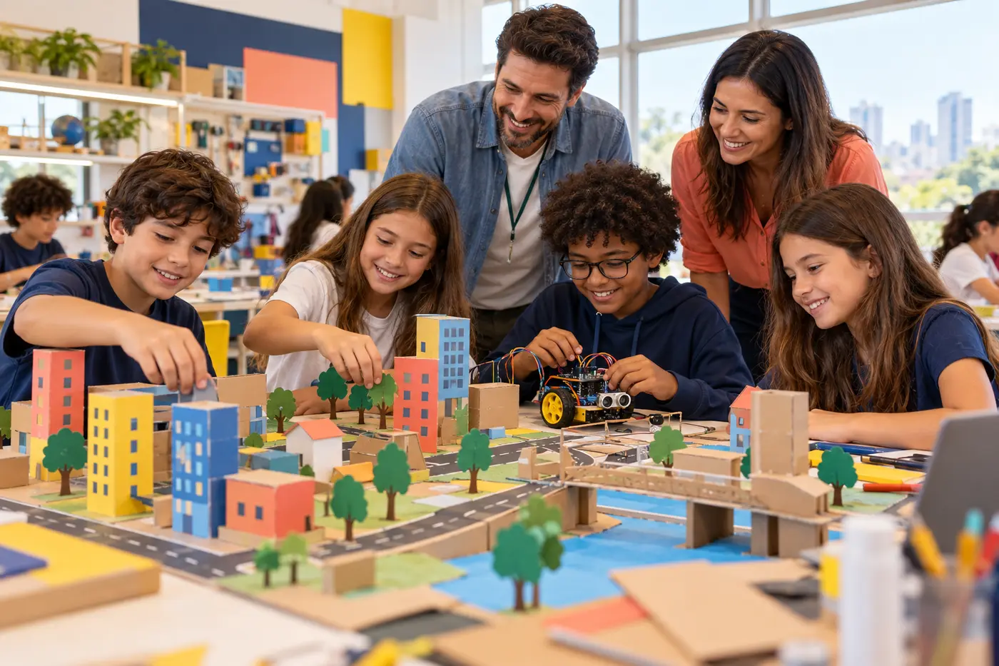 Estudantes desenvolvendo um projeto criativo e de robótica